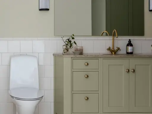 Ett modernt badrum med toalett och ett grönt badrumsskåp med mässingsdetaljer.