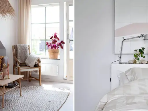 Två rum i rad: ett mysigt vardagsrum med soffa, kaffebord och en stol vid fönstret, samt ett sovrum med säng och konst på väggen.