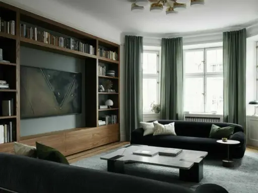 En elegant bokhylla inspiration med mörk träinramning, inbyggd TV och konstverk. Gröna gardiner ramar in fönstren i ett stilrent vardagsrum.