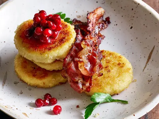 Gyllene potatisbullar med lingon och knaperstekt bacon. Ett klassiskt svenskt potatisbullar recept som passar perfekt till helgfrukosten.
