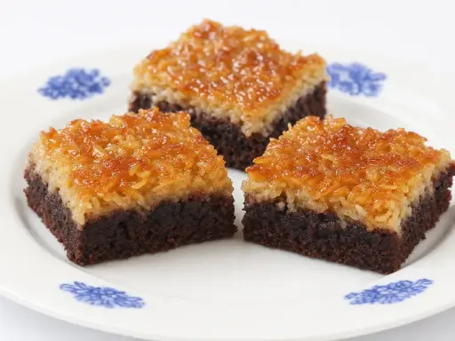 Tre bitar chokladkaka med kokostäcke på en vit tallrik med blå blommor. Ett gott ryttarkaka recept.