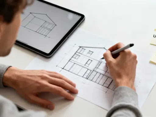En person skissar ett hus, en del av ett inredare jobb. Bredvid ligger lappar med "UX-designer" och "Empati".