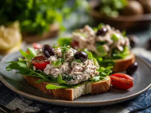 Två smörgåsar med tonfisk sallad, ruccola, tomater och oliver på en tallrik.
