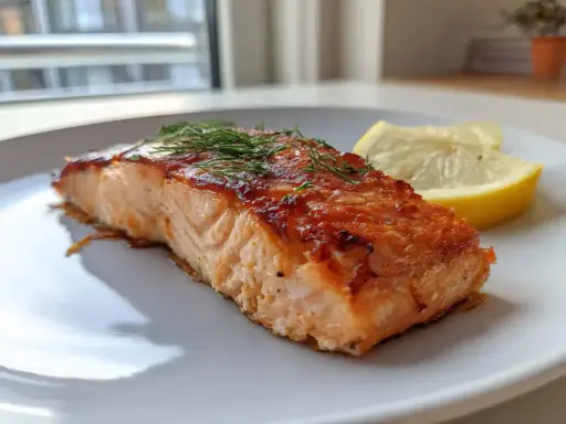 Saftig lax i airfryer, perfekt tillagad med krispig yta och toppad med färsk dill. Serveras med citronklyftor.