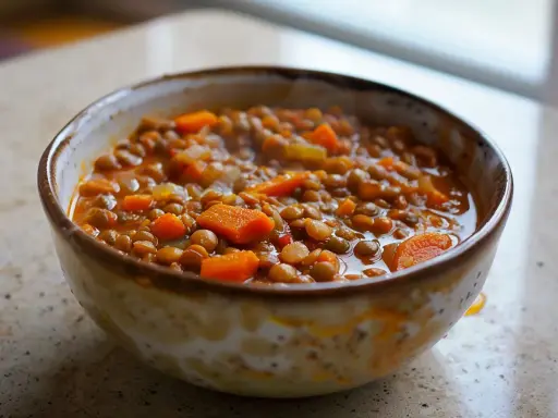En skål med mustig linsgryta med morötter, perfekt för ett enkelt linsgryta recept.