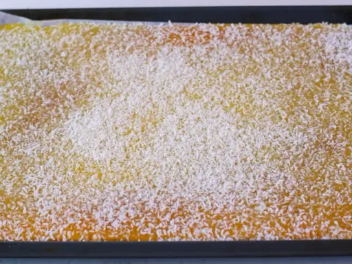 En nybakad silviakaka i långpanna, generöst strödd med kokosflingor.
