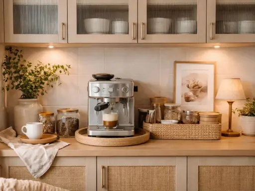 En mysig kaffestation hemma med espressomaskin, kaffebönor i burkar, en vit kopp och en grön växt.