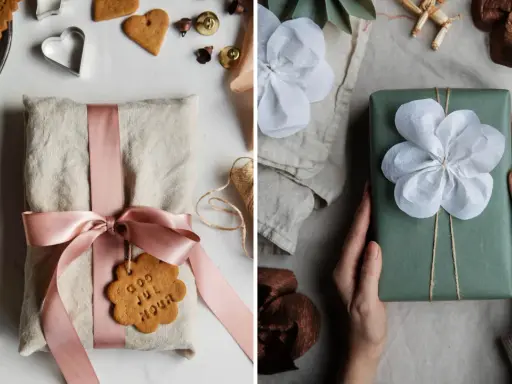 Två fina inslagningar: en med linneband och pepparkaksdekoration, en annan med grönt papper och pappersblomma.