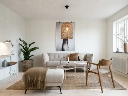 En ljus och luftig lounge med en bekväm soffa, en pall med en filt i honungsgyllene nyanser och en trästol. En stor flätad lampa ger ett varmt sken.