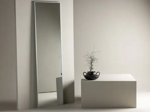 En lång, smal spegel ger spegel inspiration till ett minimalistiskt rum. En svart vas med en gren står på en vit kub.