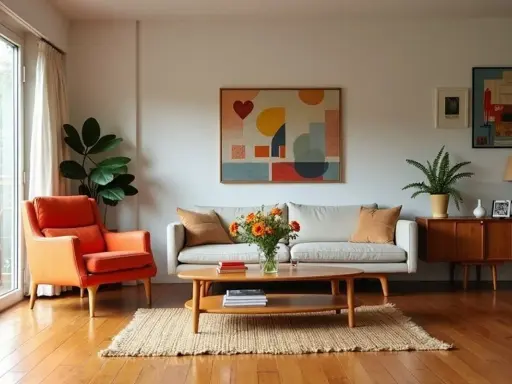 Mysigt vardagsrum med orange fåtölj, soffa, träbord och konst. Perfekt för second hand online inredning.