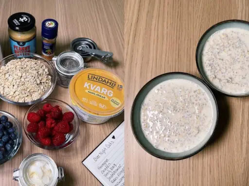 Ingredienser för overnight oats med kvarg: havregryn, bär, nötter, mandeldryck, jordnötssmör och kanel. Färdig gröt i skålar.