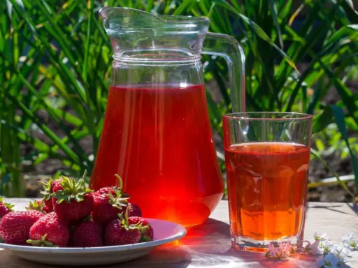 En karaff och ett glas med röd saft står på ett träbord. En tallrik med färska jordgubbar bredvid. Perfekt för ett jordgubbssaft recept.