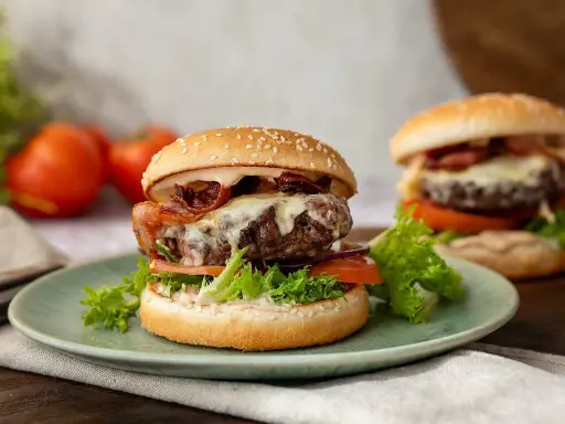 Saftig hamburgare i airfryer med smält ost och krispigt bacon. En läcker måltid som är enkel att laga.
