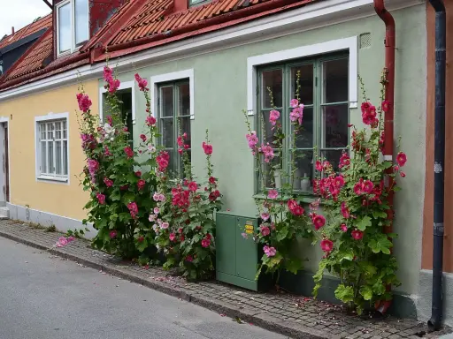 Stockrosor perenn klättrar längs en ljusgrön fasad med rosa blommor.