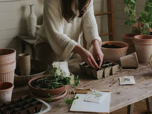 Person sår frön i krukor, bland annat för artemisia absinthium. Terracottakrukor och en vattenkanna står på bordet.