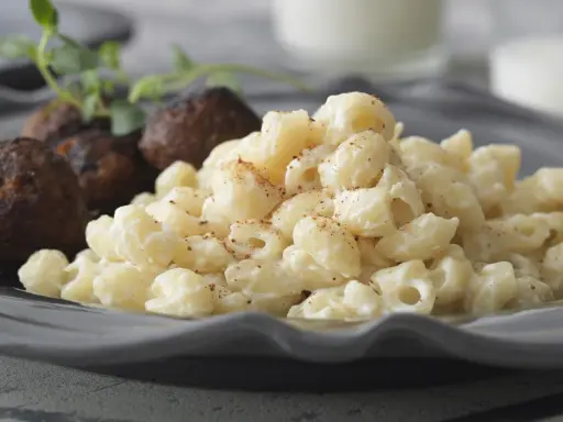 En tallrik med stuvade makaroner och köttbullar, garnerad med en kvist örter. En klassisk svensk rätt som väcker aptit.