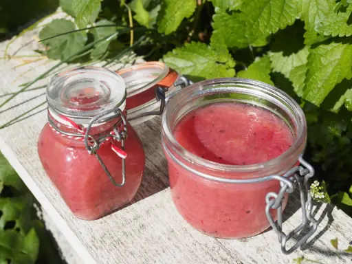 Två glasburkar med hemgjord rabarbermarmelad står på en träbänk utomhus, omgivna av gröna blad.