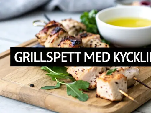 Grillspett med kyckling på en träskärbräda, redo för ett gott grillspett recept. Serveras med en skål med olja och grönsaker.