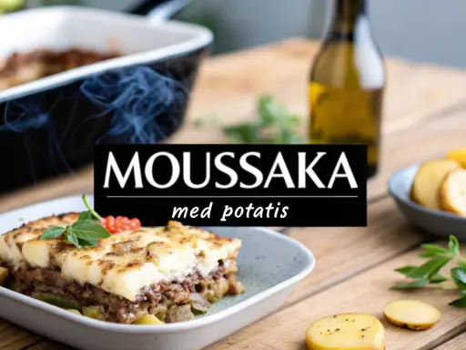 En väldoftande moussaka med potatis, serverad i en ugnsform. Rätten är dekorerad med basilika och tomater.