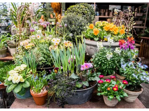 En blomsterbutik fylld med vårens färger. Här syns bland annat gullvivor (bellis perennis), penséer och blåsippor i krukor.