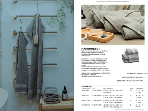 Grå handdukar i mjuk bomull, 600 GSM, för en lyxig spa-känsla hemma. Materialet ger hög uppsugningsförmåga.
