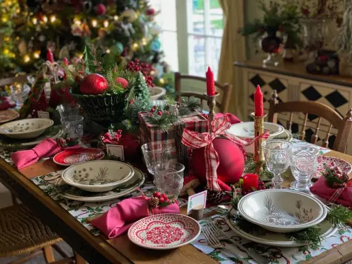 En vacker, modern juldukning med röda detaljer, granris och julklappar. En inbjudande dukning för en mysig jul.