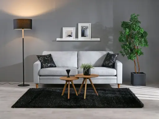 Grå soffa med svarta kuddar, två runda träbord, svart matta och golvlampa. Bra inredningstips för ett modernt vardagsrum.