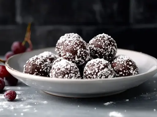En skål med chokladbollar, perfekta för ett enkelt chokladbollar recept. Garnerade med kokosflingor och med några körsbär bredvid.