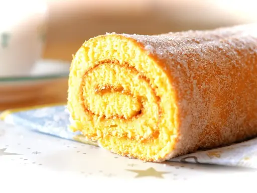 En sockerströdd rulltårta, perfekt för ett enkelt rulltårta recept.