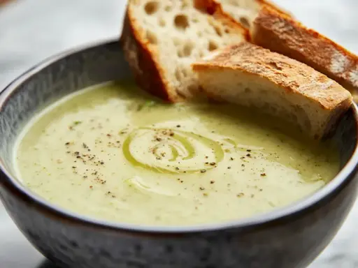 Krämig broccolisoppa med en virvel av olivolja och nymalen svartpeppar, serverad med rostat bröd. Ett perfekt broccolisoppa recept för en kall dag.