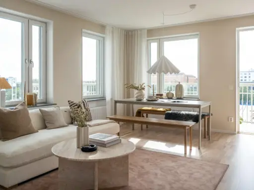 Ljust vardagsrum med soffa, soffbord och matplats. En taklampa i tyg ger ett mjukt ljus, en design klassiker som skapar atmosfär.