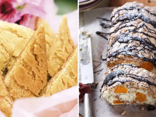 Två härliga bakverk för fika: gyllene småkakor och en rulltårta med aprikoser och choklad. Perfekta fika recept!