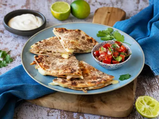 Här är ett läckert quesadillas recept! Krispiga quesadillas med smält ost, serverade med salsa, gräddfil och lime.