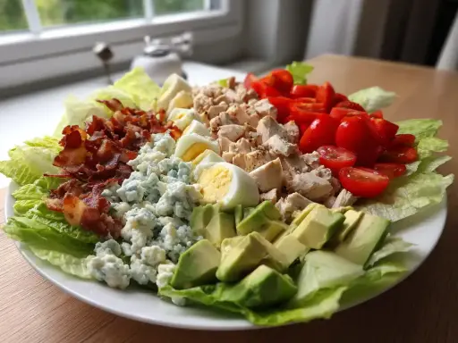 En härlig cobb salad med krispig sallad, kyckling, bacon, ägg, tomater, blåmögelost och avokado.