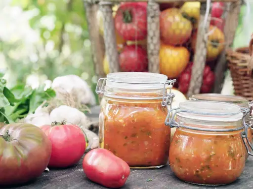 Burkar med hemlagad tomatsås recept. Färska tomater, vitlök och örter ligger på bordet.