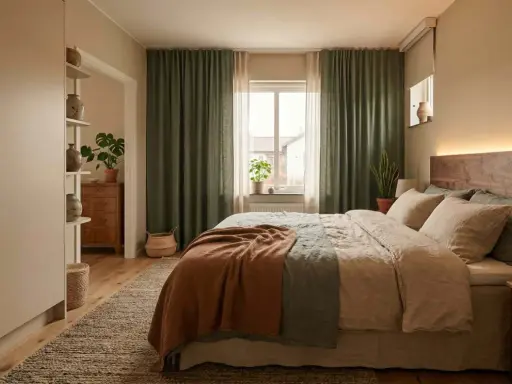 Mysigt sovrum med trädetaljer, gröna gardiner och en inbjudande säng. Perfekt sovrum inspo för en lugn oas.