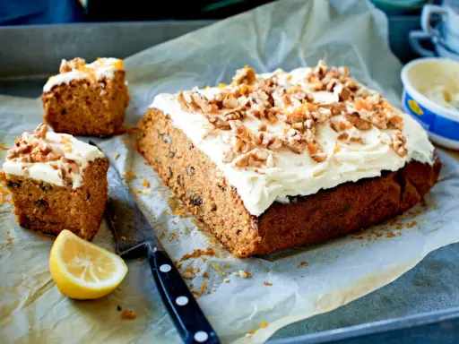 En saftig morotskaka med krämig frosting, valnötter och rivet apelsinskal. Perfekt för ett fika-recept!