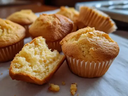 Nybakade glutenfria muffins, en är uppäten och visar det fluffiga inkråmet. Perfekt för fikat!