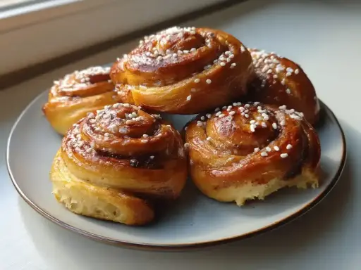 Fem gyllene kanelbullar med pärlsocker på en ljusblå tallrik. Perfekt för ett kanelbullar recept.