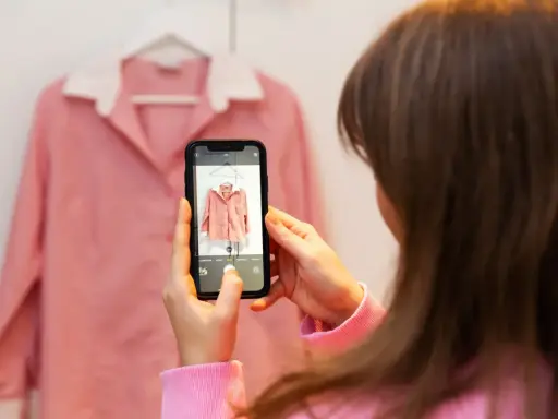 En person fotograferar en rosa skjorta med sin mobiltelefon. Ett bra exempel på varför man ska köpa second hand – unika fynd!