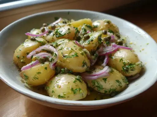 En skål med härlig hemmagjord potatissallad med dill, kapris och rödlök. Perfekt till sommarmaten!