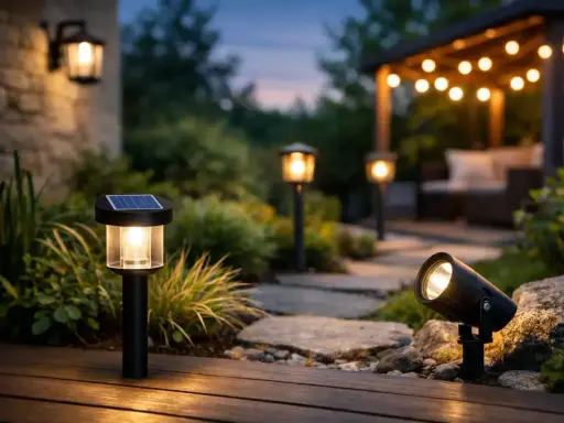 Vacker utebelysning inspiration med solcellsdrivna stolplampor och spotlights som lyser upp en trädgårdsgång och uteplats i skymningen.