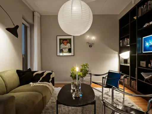 Mysig vardagsrumsmiljö med en stor papperslampa i taket. Belysning bakom gardin skapar en mjuk atmosfär.