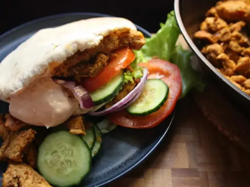 En saftig kyckling kebab i pitabröd med grönsaker och sås. Bredvid ligger mer kyckling i en panna.