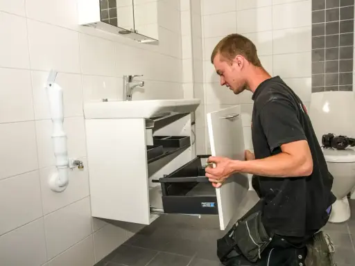 Hantverkare installerar ett nytt badrumsskåp som en del av en totalrenovering badrum.