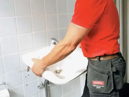 En person i röd tröja och arbetsbyxor håller i ett nytt handfat för att byta ut det gamla.