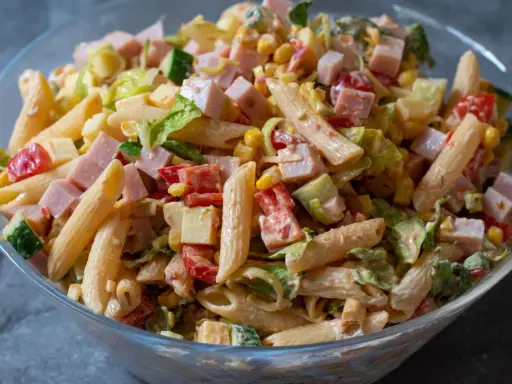 En stor skål med en härlig pastasallad med kassler, majs, tomat, gurka och en krämig dressing. Perfekt för sommaren!