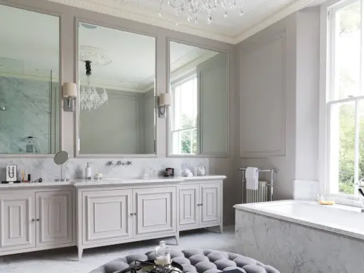 Ett lyxigt badrum med marmor, dubbla handfat, stor spegel och ett badkar. Perfekta inredningstips badrum för en elegant känsla.