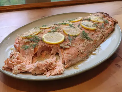 Helstekt lax i ugn, toppad med citronskivor och dill. Perfekt för en middag.